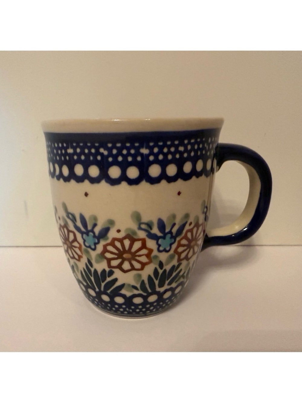 POLISH POTTERY MUG CUP BLUE WHITE GREEN BROWN FLORAL HANDMADE HOME DINING